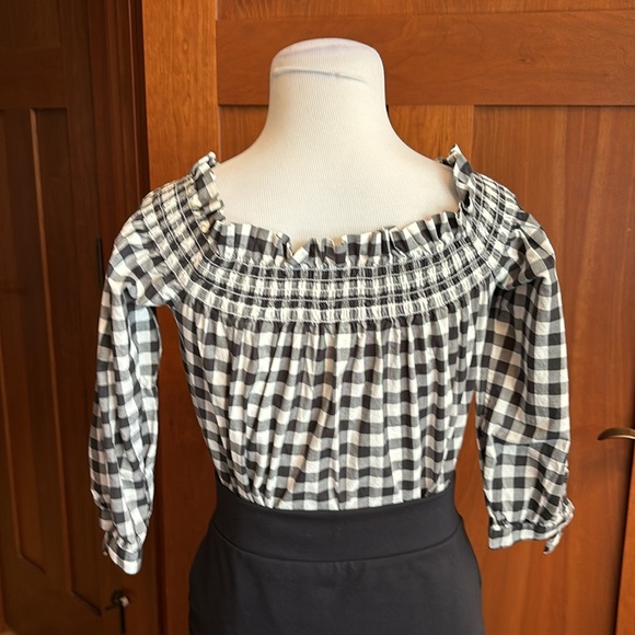 Kate Spade Gingham/Checked Black and White Off Shoulder Top XXS 3/4 Tie Sleeves - Picture 8 of 12